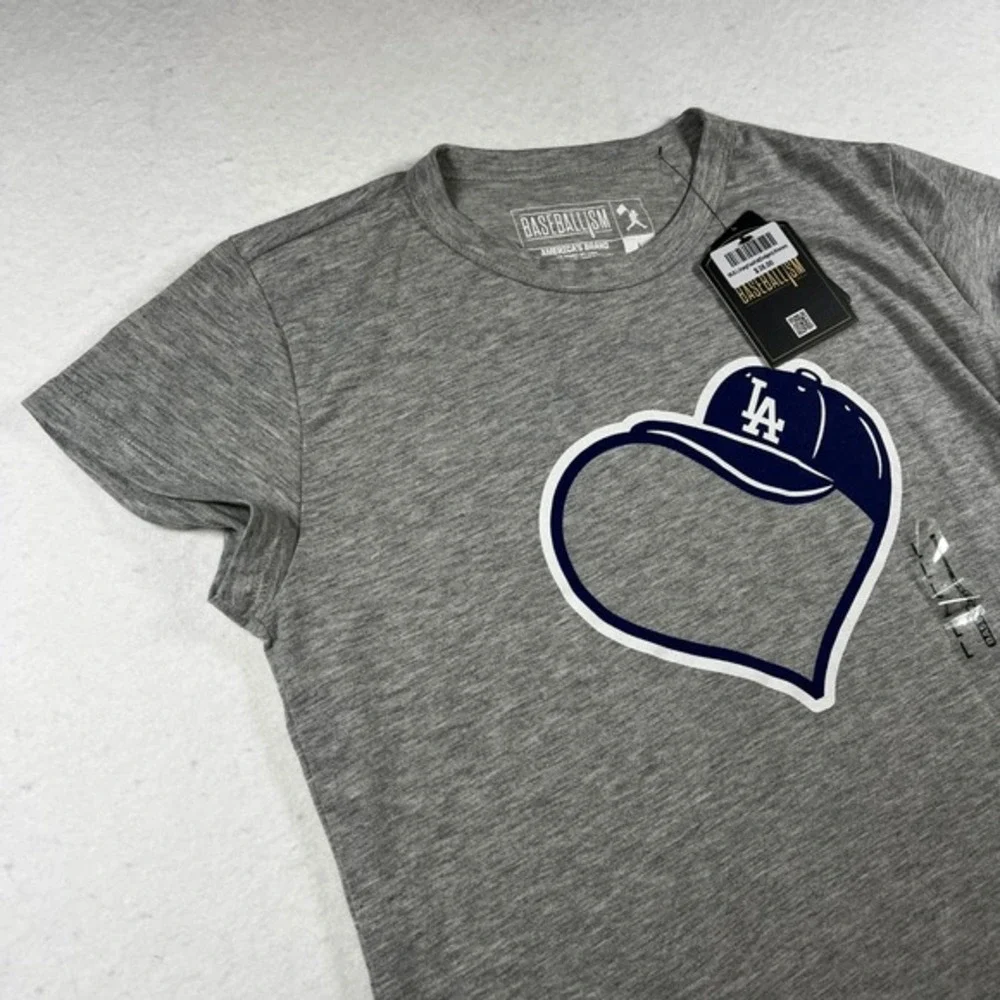 Baseballism‎ Los Angeles Dodgers Heart Cap Graphic T-Shirt Gray Kids Large NWT